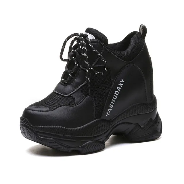 Super High Heels Platform Shoes Women Casual Shoes Breathable Mesh Sneakers Women Vulcanized Shoes Wedge Autumn Women Shoes PU