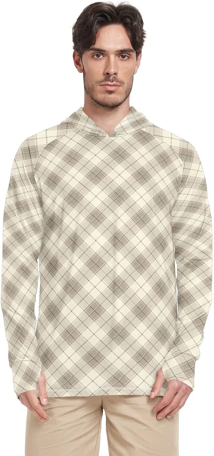 Taupe Gingham Mens Sun Protection Hoodie Long Sleeve Sun Shirt with Hood UPF 50  Swim Shirt Men Rash Guards