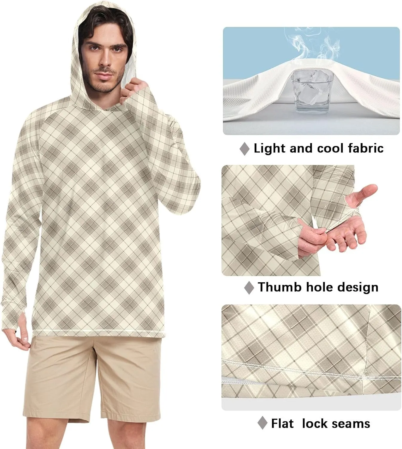 Taupe Gingham Mens Sun Protection Hoodie Long Sleeve Sun Shirt with Hood UPF 50  Swim Shirt Men Rash Guards