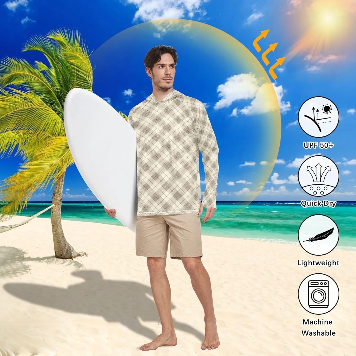 Taupe Gingham Mens Sun Protection Hoodie Long Sleeve Sun Shirt with Hood UPF 50  Swim Shirt Men Rash Guards