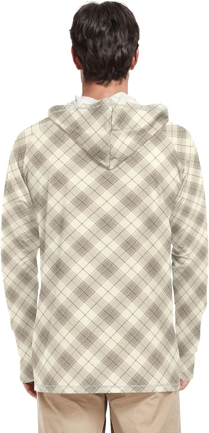 Taupe Gingham Mens Sun Protection Hoodie Long Sleeve Sun Shirt with Hood UPF 50  Swim Shirt Men Rash Guards