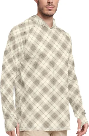 Taupe Gingham Mens Sun Protection Hoodie Long Sleeve Sun Shirt with Hood UPF 50  Swim Shirt Men Rash Guards