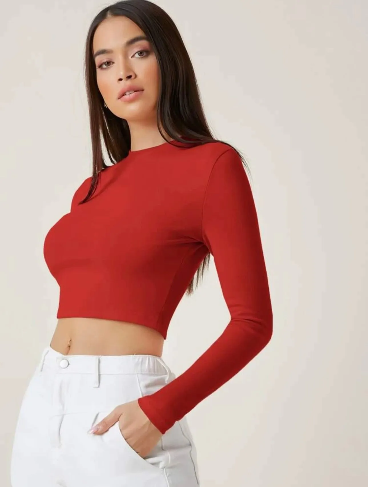 Teen Solid Red Slim Fitted Crop Top