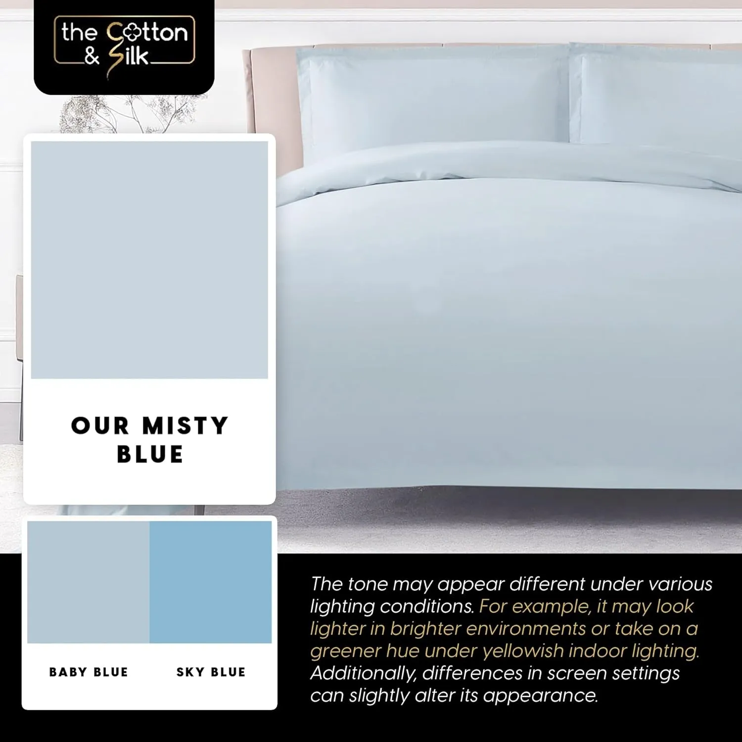 THE COTTON & SILK 100% Luxury Long-Staple Cotton Duvet Cover Set - Soft & Breathable, Queen Size, Misty Blue (1 Duvet Cover with Corner Ties & Hidden Zipper, 2 Pillow Shams)