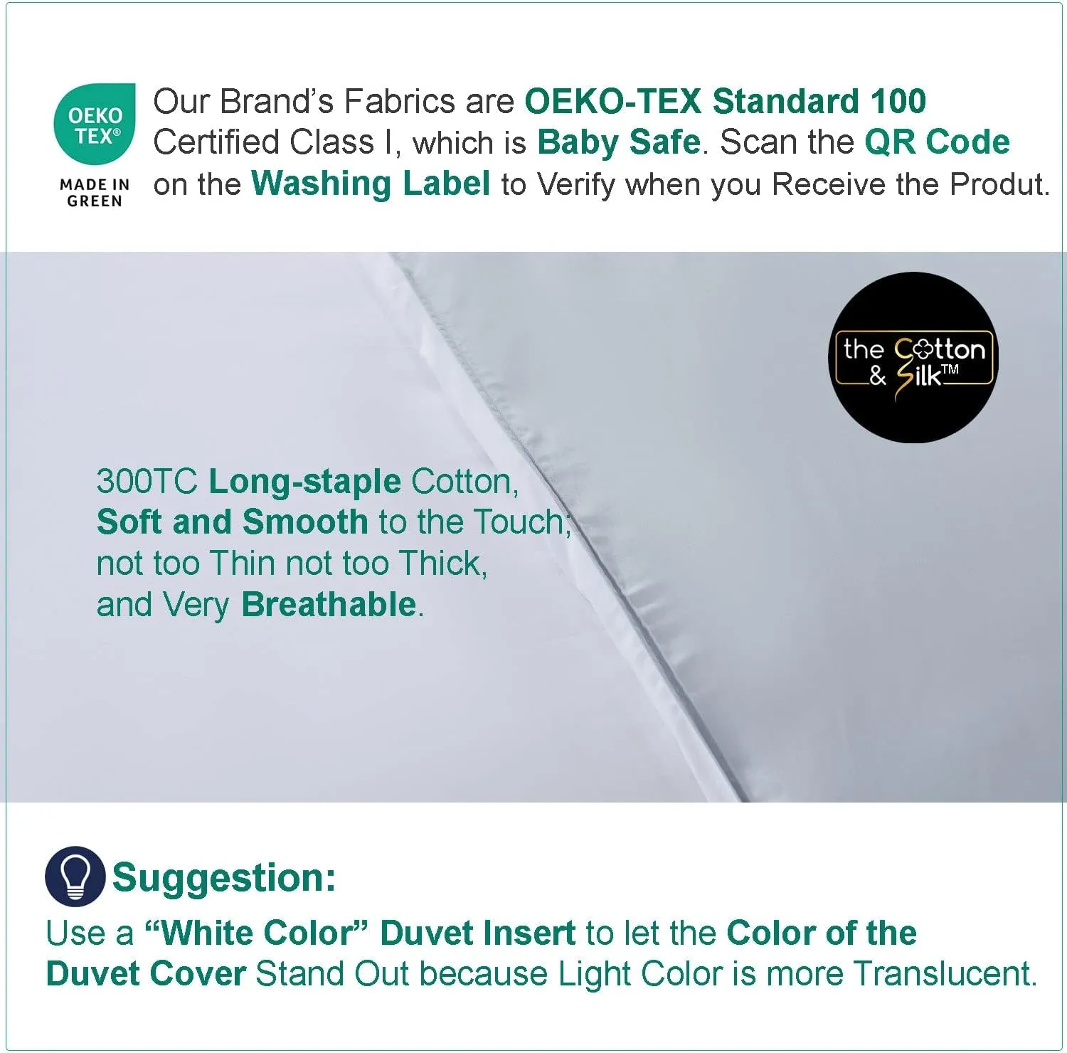 THE COTTON & SILK 100% Luxury Long-Staple Cotton Duvet Cover Set - Soft & Breathable, Queen Size, Misty Blue (1 Duvet Cover with Corner Ties & Hidden Zipper, 2 Pillow Shams)