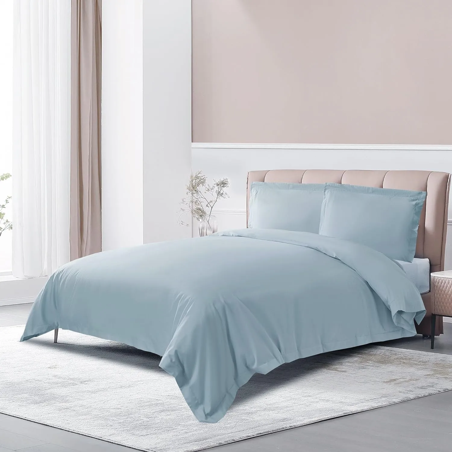 THE COTTON & SILK 100% Luxury Long-Staple Cotton Duvet Cover Set - Soft & Breathable, Queen Size, Misty Blue (1 Duvet Cover with Corner Ties & Hidden Zipper, 2 Pillow Shams)