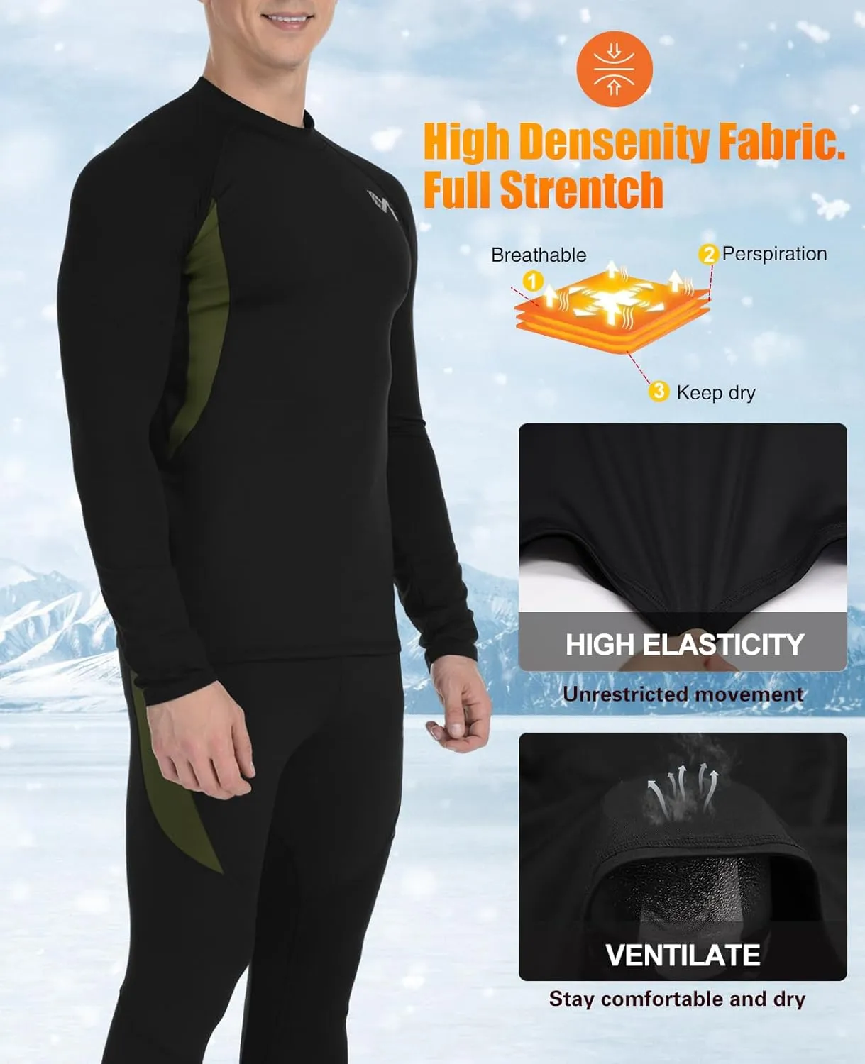 Thermal Underwear for Men,Men's Base Layer,2 Sets Long Johns Lined with Hunting Gear