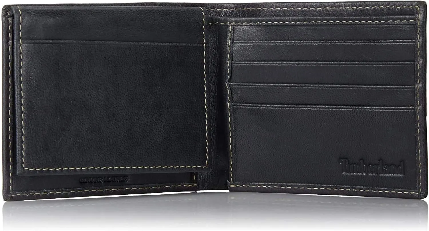 Timberland Men's Leather Wallet With Attached Flip Pocket, Black (Cloudy), One Size