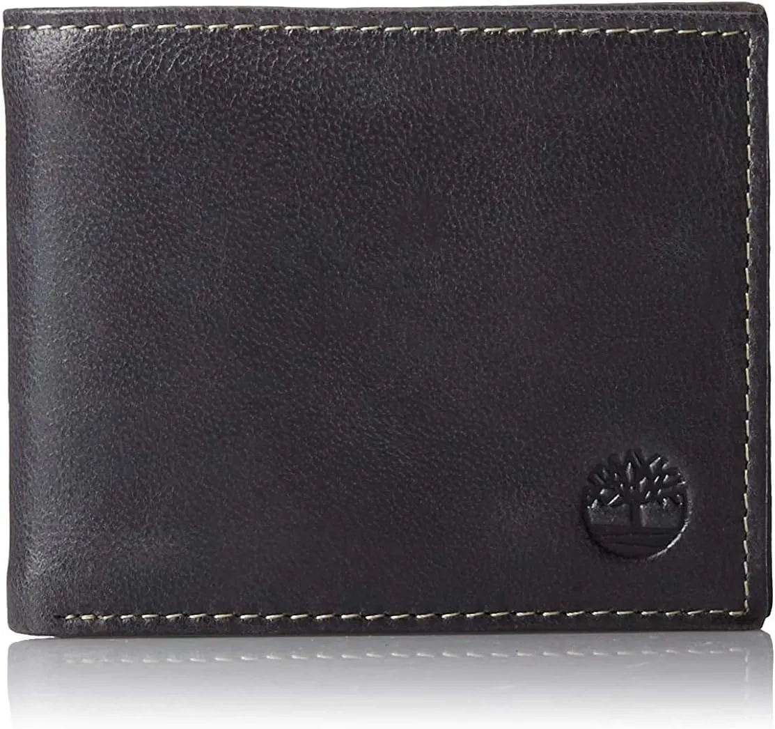 Timberland Men's Leather Wallet With Attached Flip Pocket, Black (Cloudy), One Size