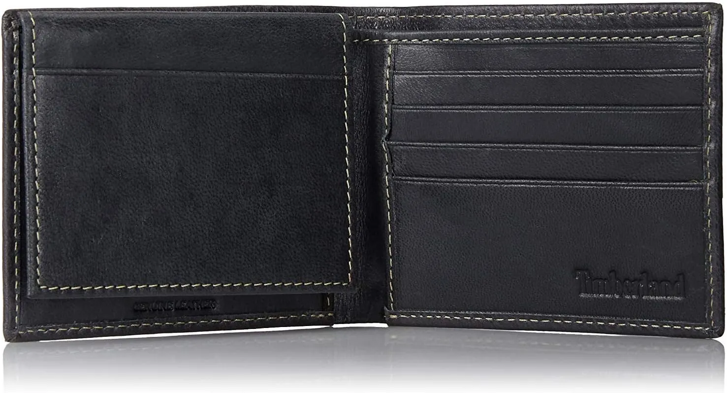 Timberland Men's Leather Wallet With Attached Flip Pocket, Black (Cloudy), One Size