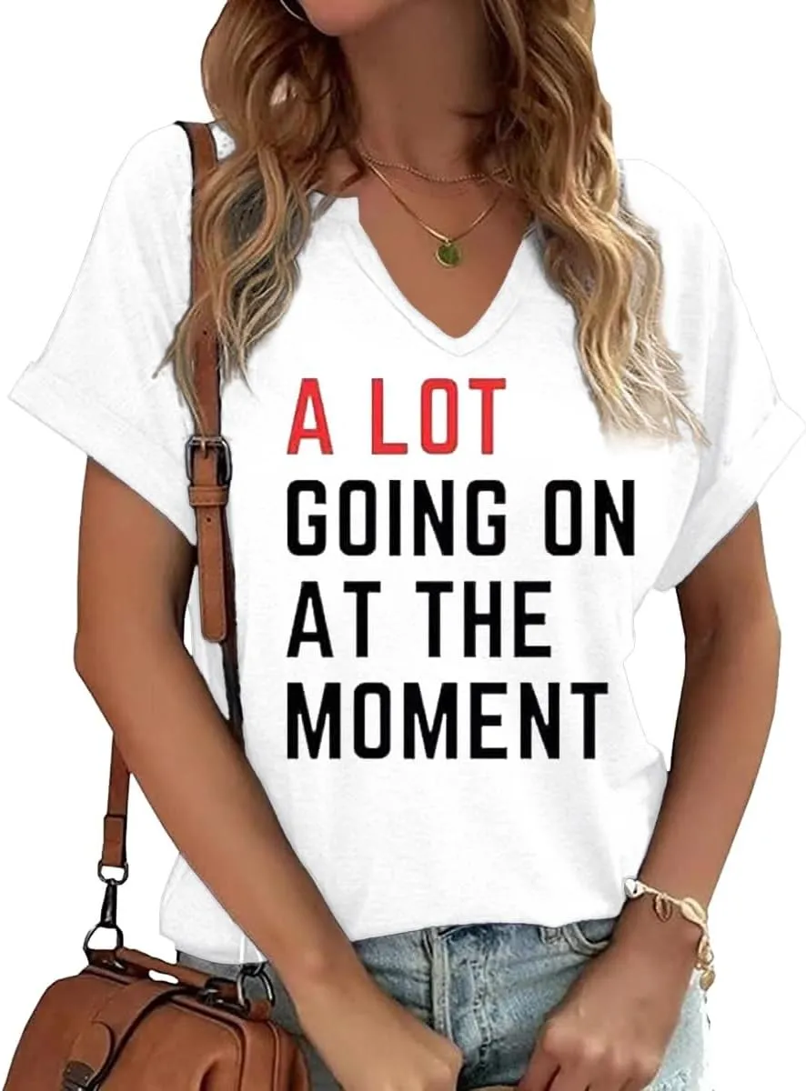 TIXOM Womens Summer V Neck Shirt Funny Letter Printed Graphic Short Sleeve Tee Casual Loose Fit Holiday Tops