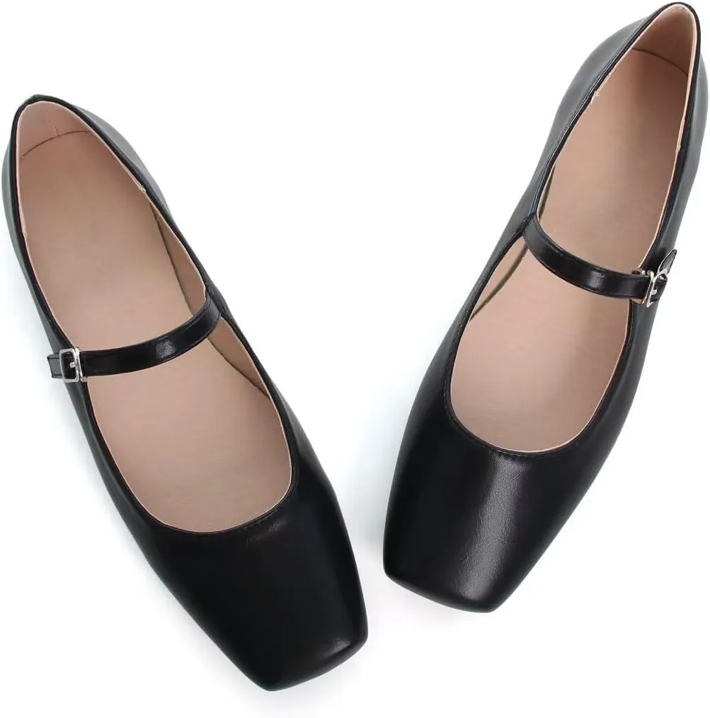 TN TANGNEST Leather Flats for Women Comfortable Square Toe Slip On Flats Soft Work Flats Retro Mary Jane Flats