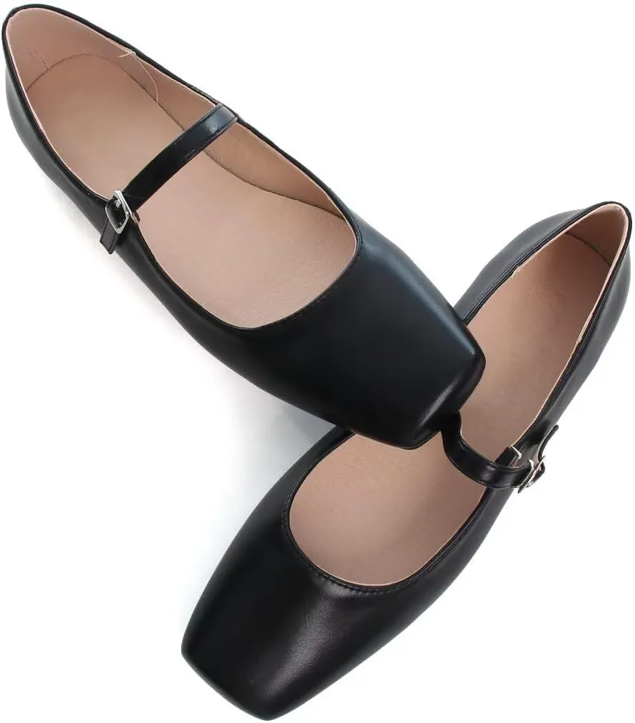TN TANGNEST Leather Flats for Women Comfortable Square Toe Slip On Flats Soft Work Flats Retro Mary Jane Flats