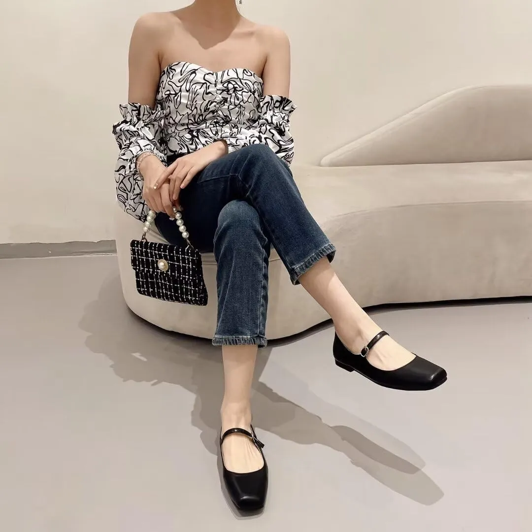 TN TANGNEST Leather Flats for Women Comfortable Square Toe Slip On Flats Soft Work Flats Retro Mary Jane Flats