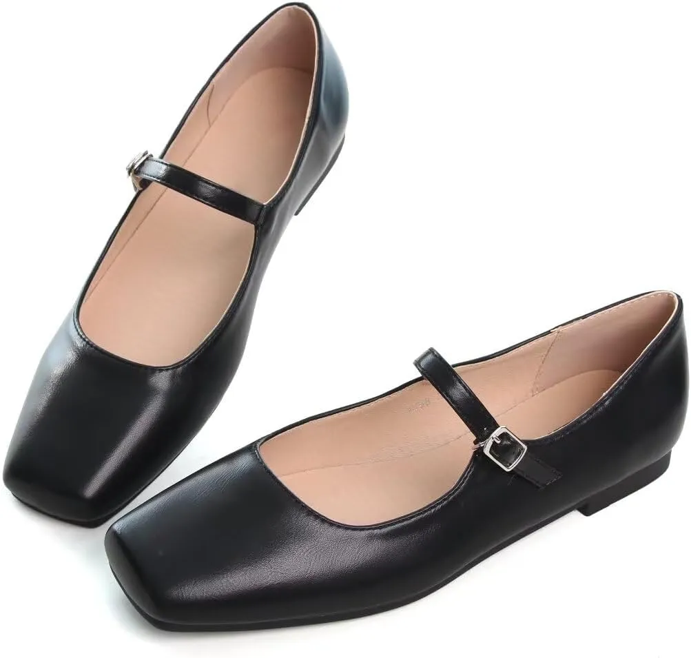 TN TANGNEST Leather Flats for Women Comfortable Square Toe Slip On Flats Soft Work Flats Retro Mary Jane Flats