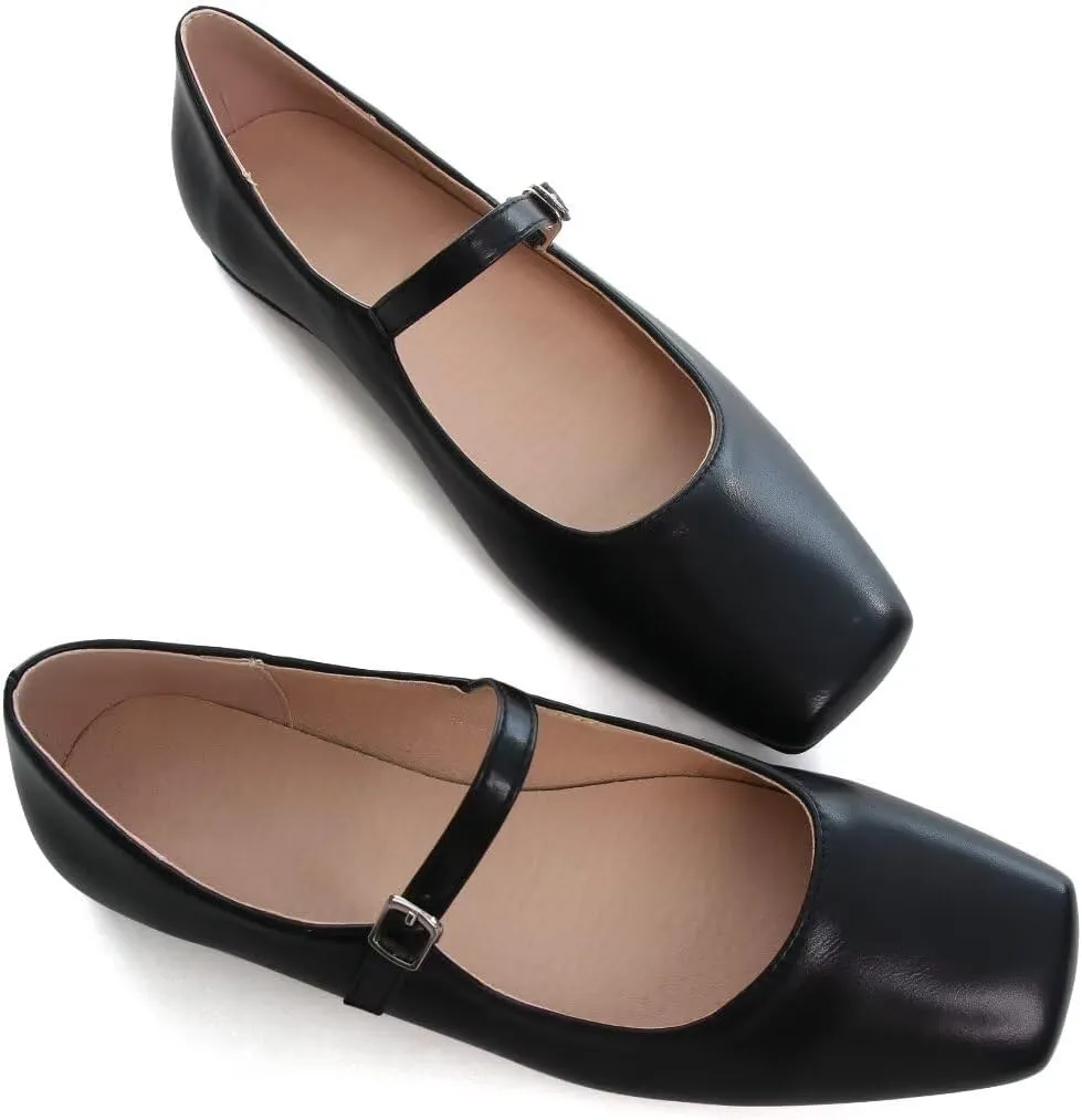 TN TANGNEST Leather Flats for Women Comfortable Square Toe Slip On Flats Soft Work Flats Retro Mary Jane Flats