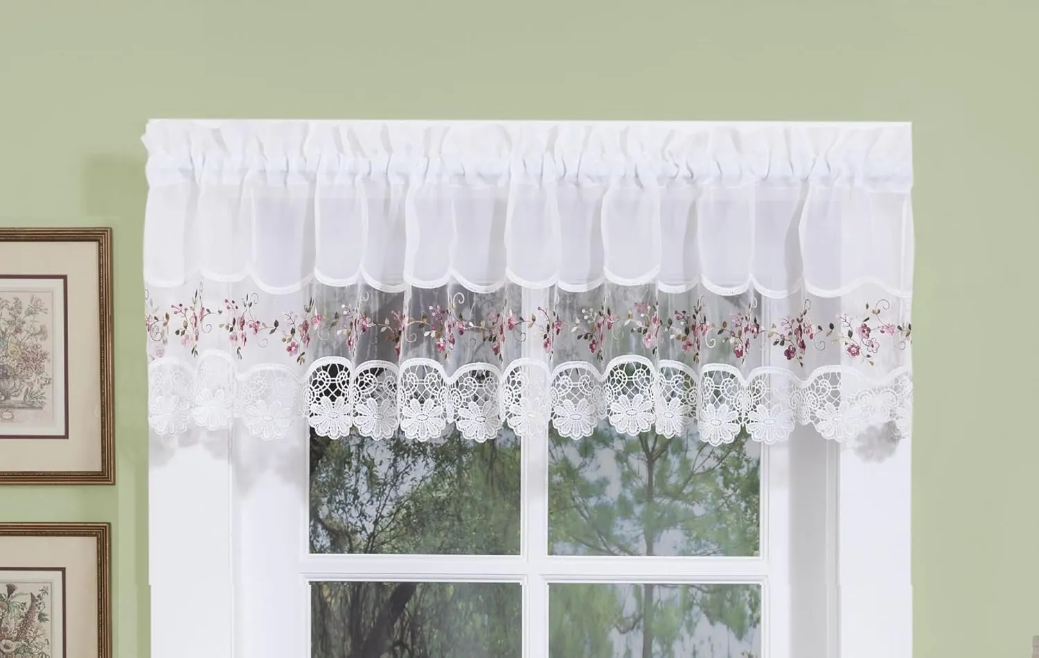 Today's Curtain, Vintage Macramé Organza Valance 14", White/Rose, 58" W x 14" L