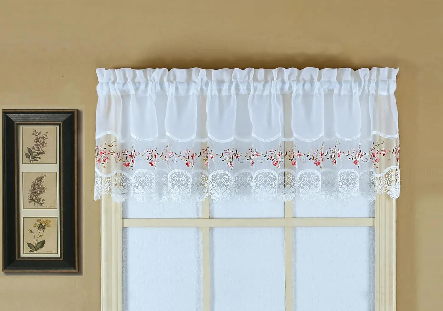 Today's Curtain, Vintage Macramé Organza Valance 14", White/Rose, 58" W x 14" L