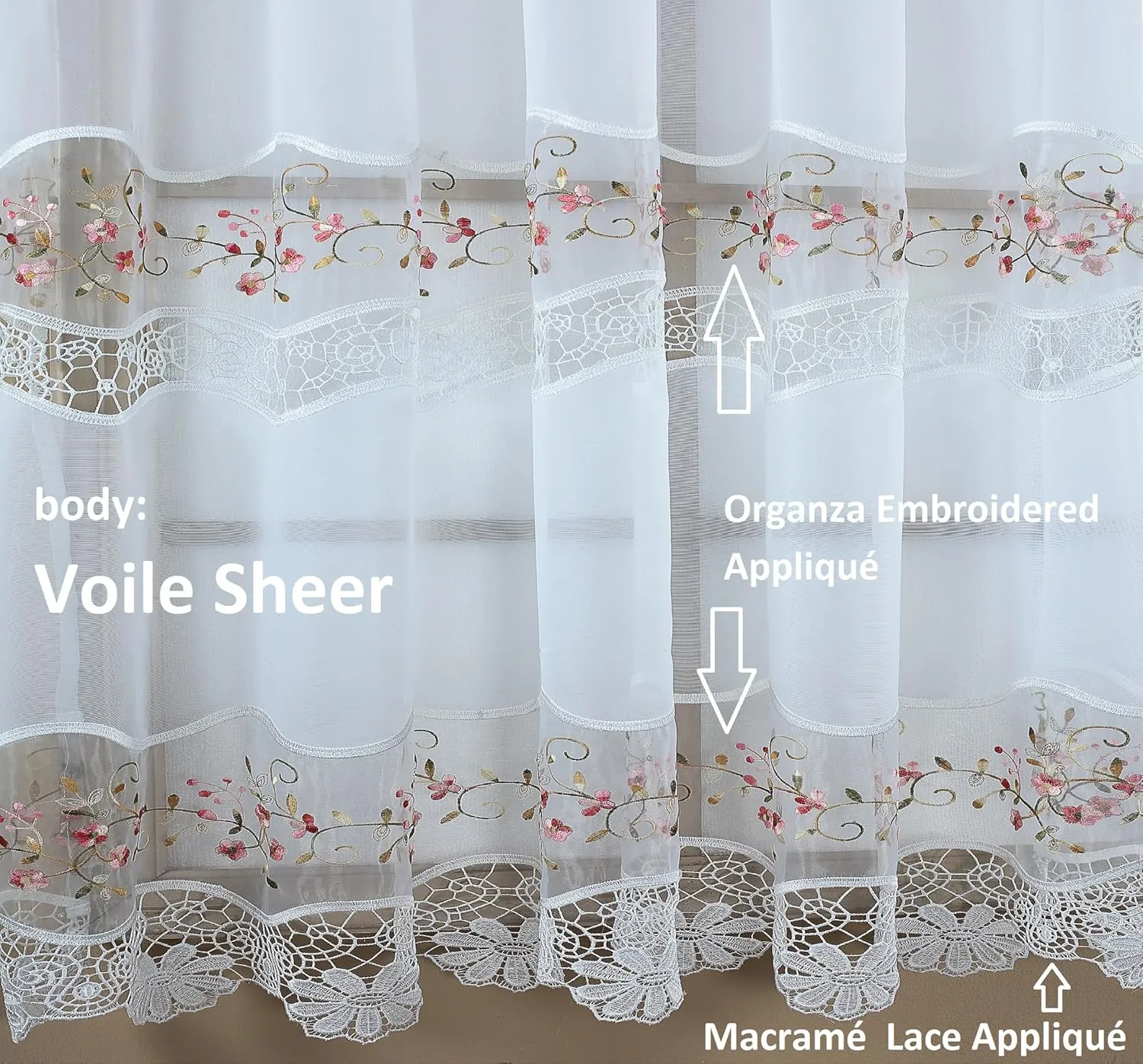 Today's Curtain, Vintage Macramé Organza Valance 14", White/Rose, 58" W x 14" L