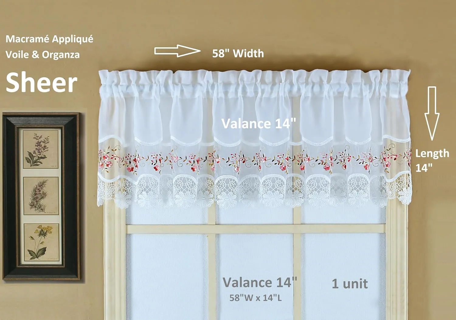 Today's Curtain, Vintage Macramé Organza Valance 14", White/Rose, 58" W x 14" L