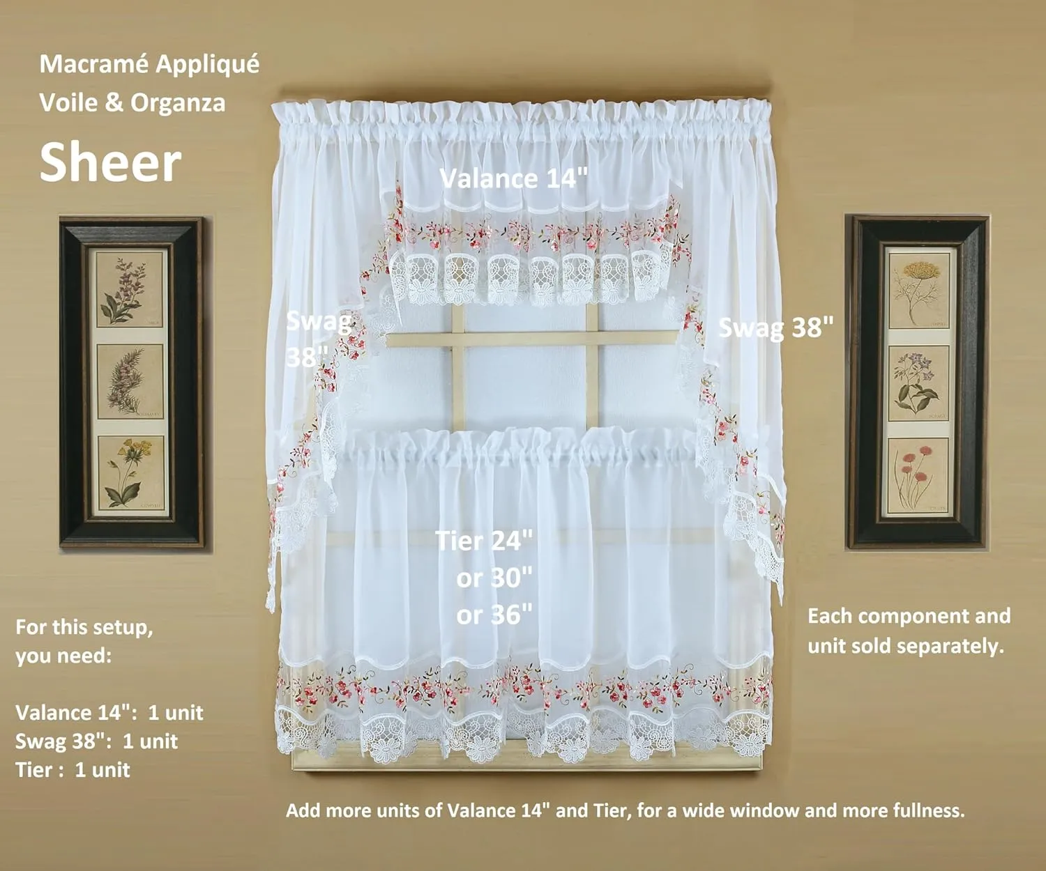 Today's Curtain, Vintage Macramé Organza Valance 14", White/Rose, 58" W x 14" L