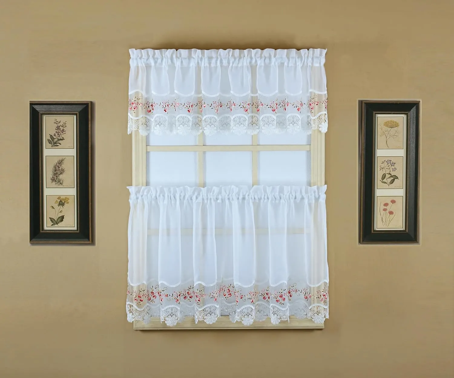 Today's Curtain, Vintage Macramé Organza Valance 14", White/Rose, 58" W x 14" L