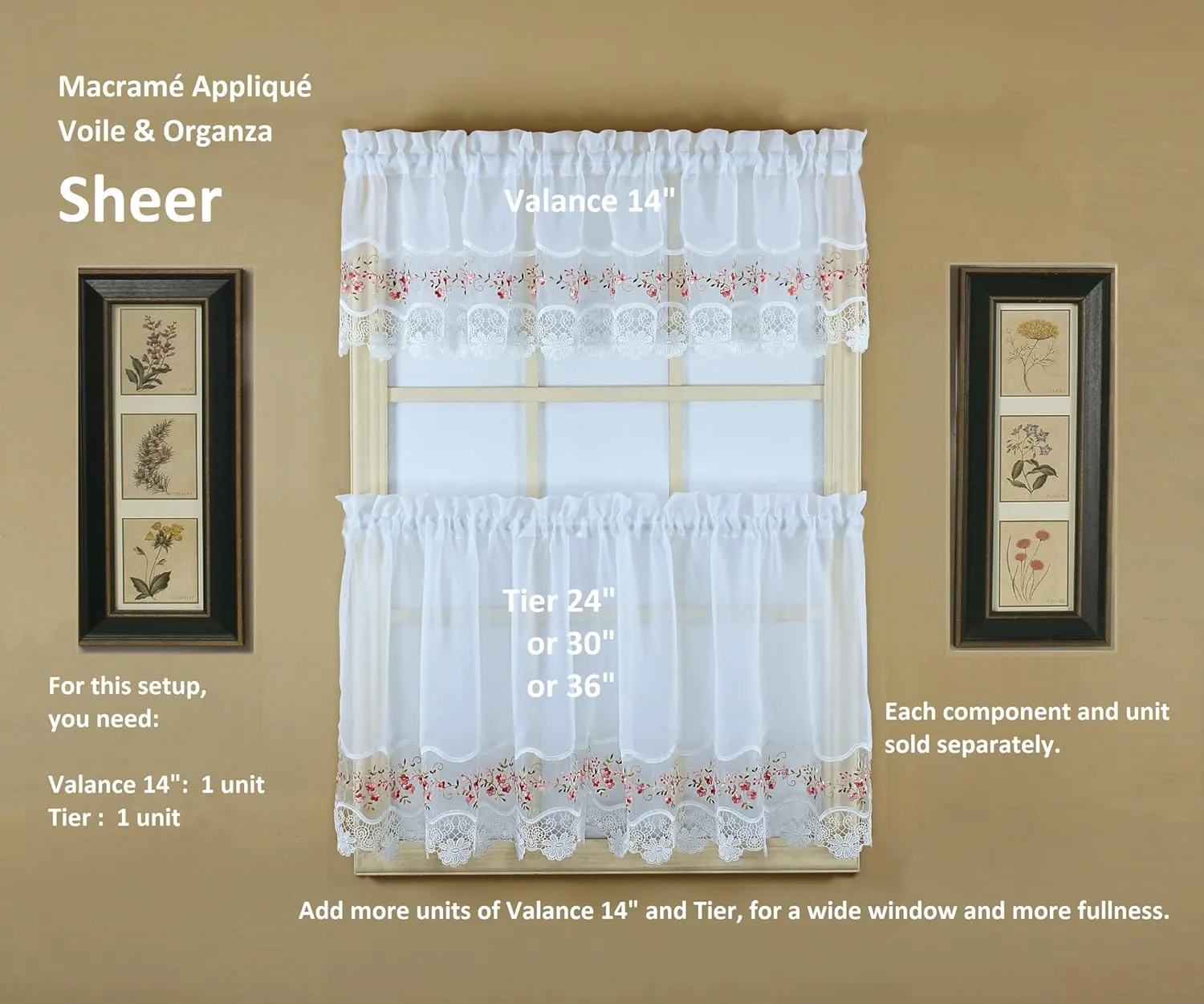 Today's Curtain, Vintage Macramé Organza Valance 14", White/Rose, 58" W x 14" L