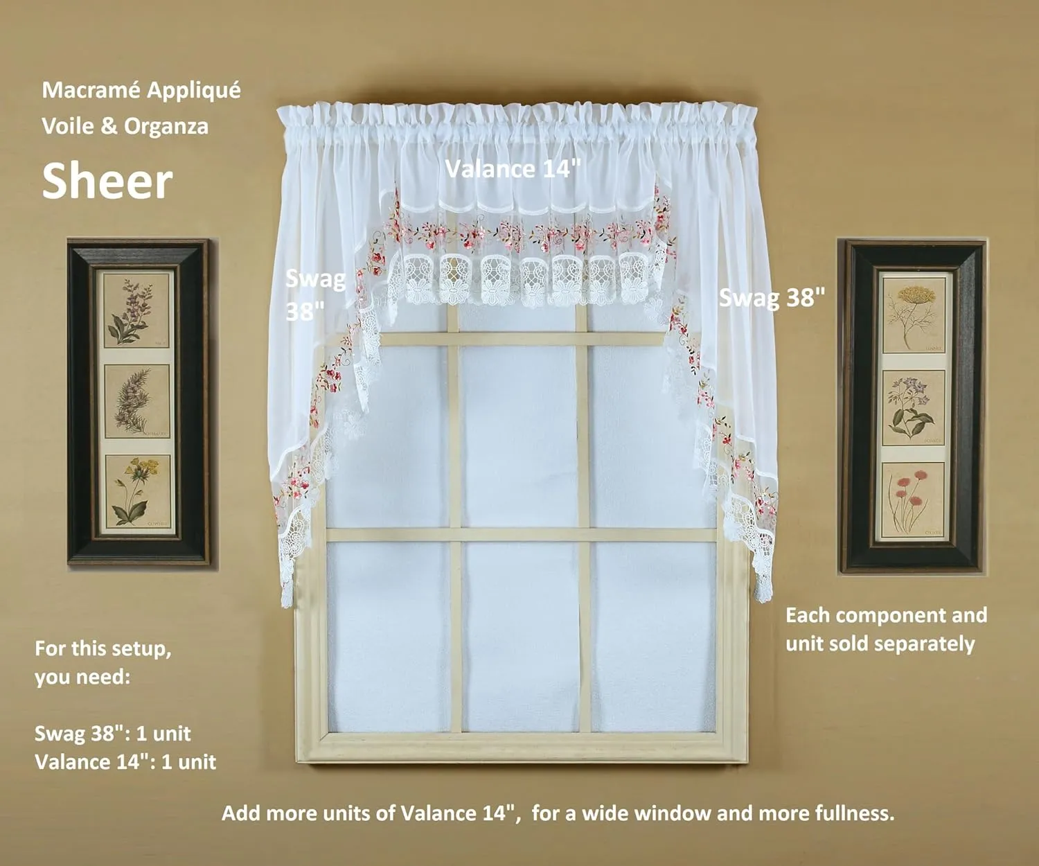 Today's Curtain, Vintage Macramé Organza Valance 14", White/Rose, 58" W x 14" L