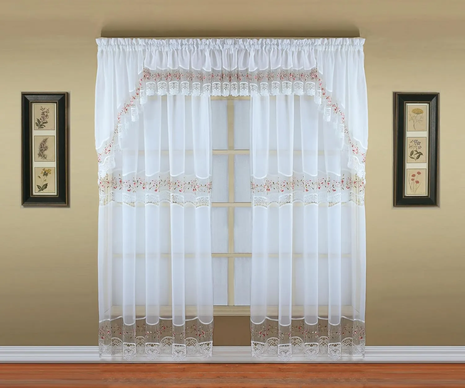 Today's Curtain, Vintage Macramé Organza Valance 14", White/Rose, 58" W x 14" L