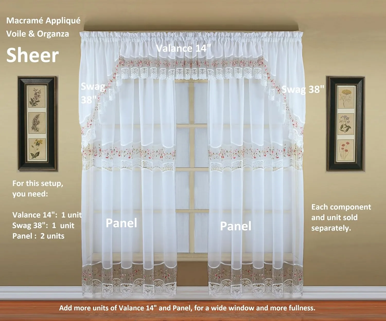 Today's Curtain, Vintage Macramé Organza Valance 14", White/Rose, 58" W x 14" L