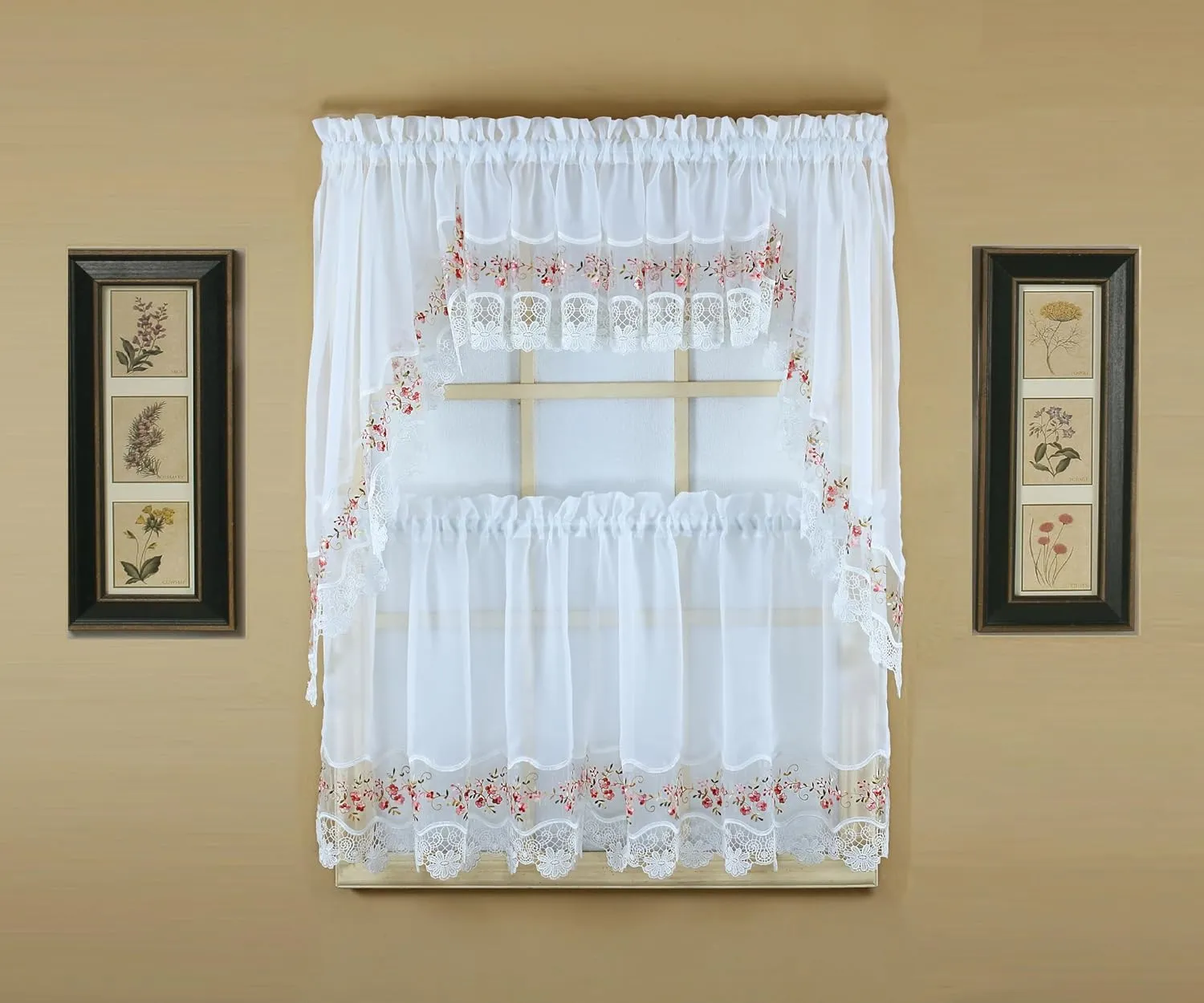 Today's Curtain, Vintage Macramé Organza Valance 14", White/Rose, 58" W x 14" L