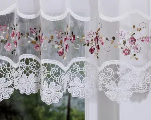 Today's Curtain, Vintage Macramé Organza Valance 14", White/Rose, 58" W x 14" L