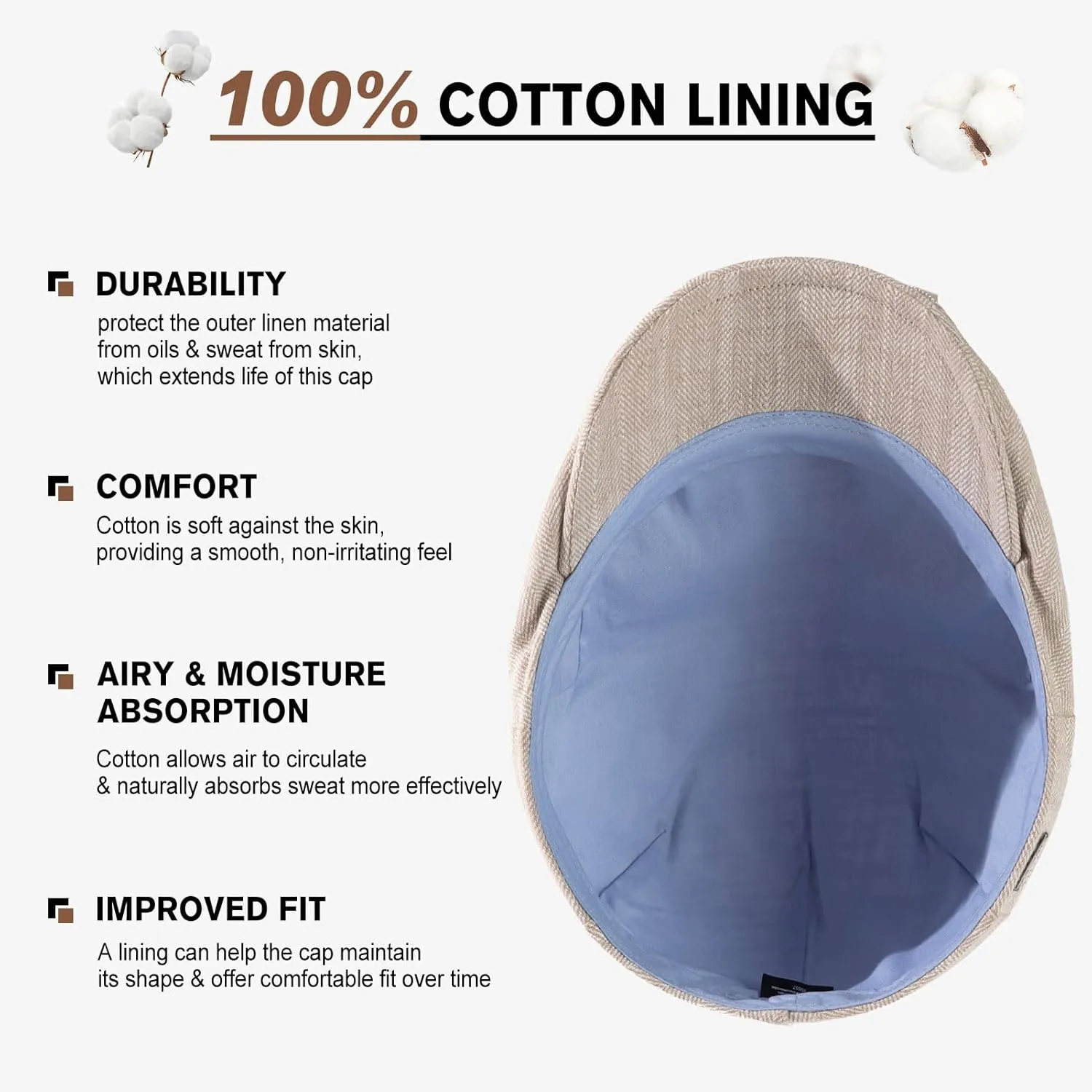 TOP-EX L/XL/XXL 100% Natural Linen Flat Cap Summer Cooling Newsboy Cap