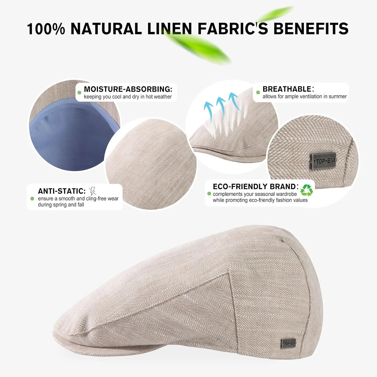 TOP-EX L/XL/XXL 100% Natural Linen Flat Cap Summer Cooling Newsboy Cap