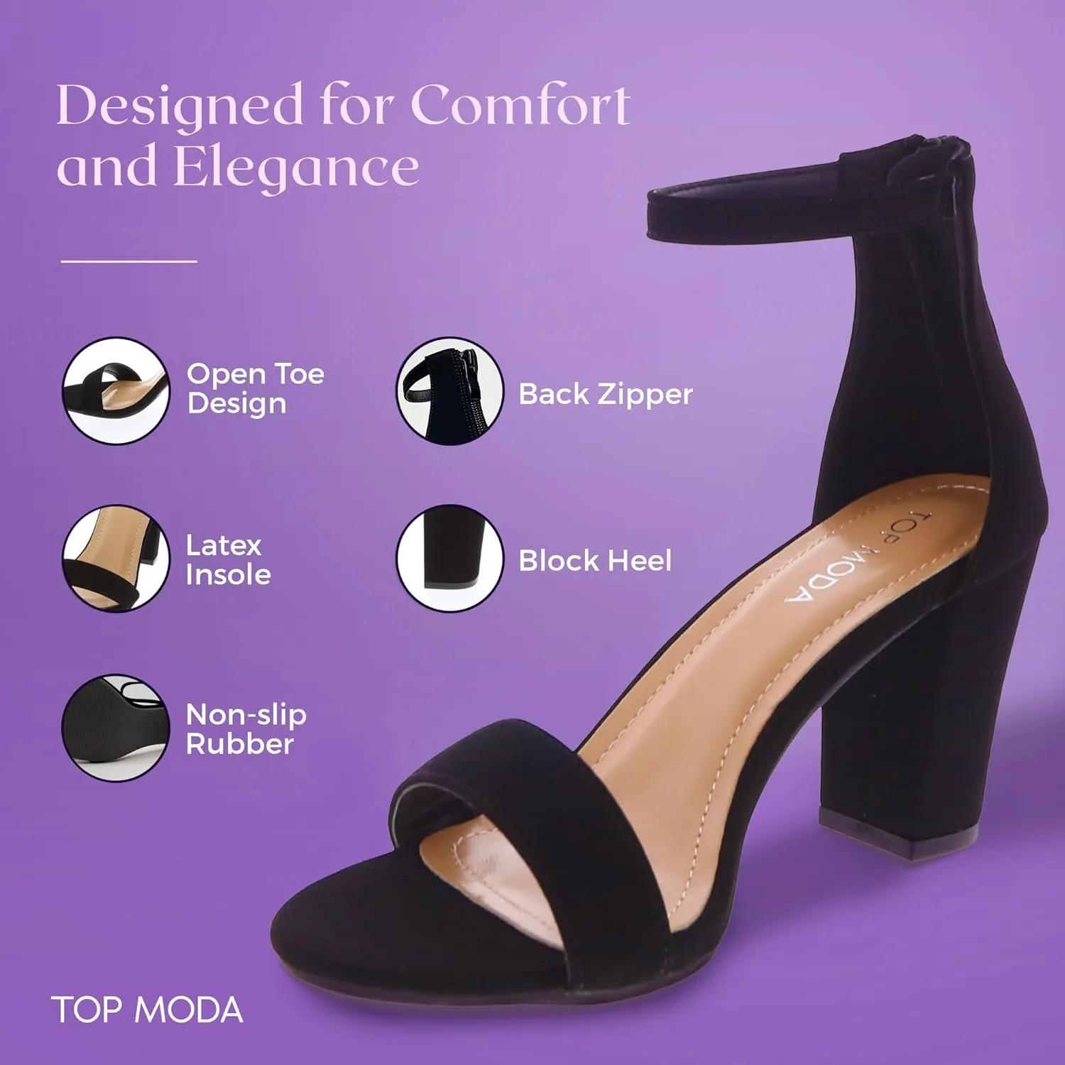 TOP MODA Hannah-1 Ankle Strap Dressy High Heel Sandal, Non-slip Sole, For Wedding, Party, Prom, Evening Wear, or Any Occasion, Sleek Style Block Heel Sandals