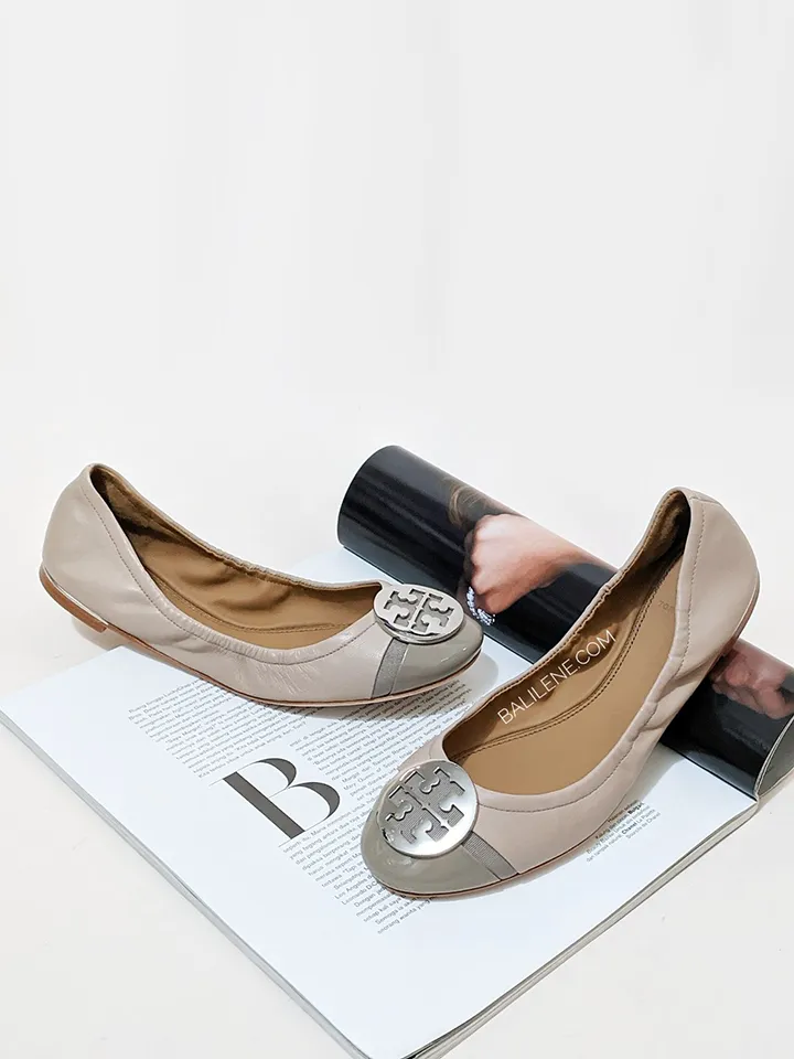 Tory Burch Minnie Patent Cap-Toe Ballet Flat Light Taupe/Gray