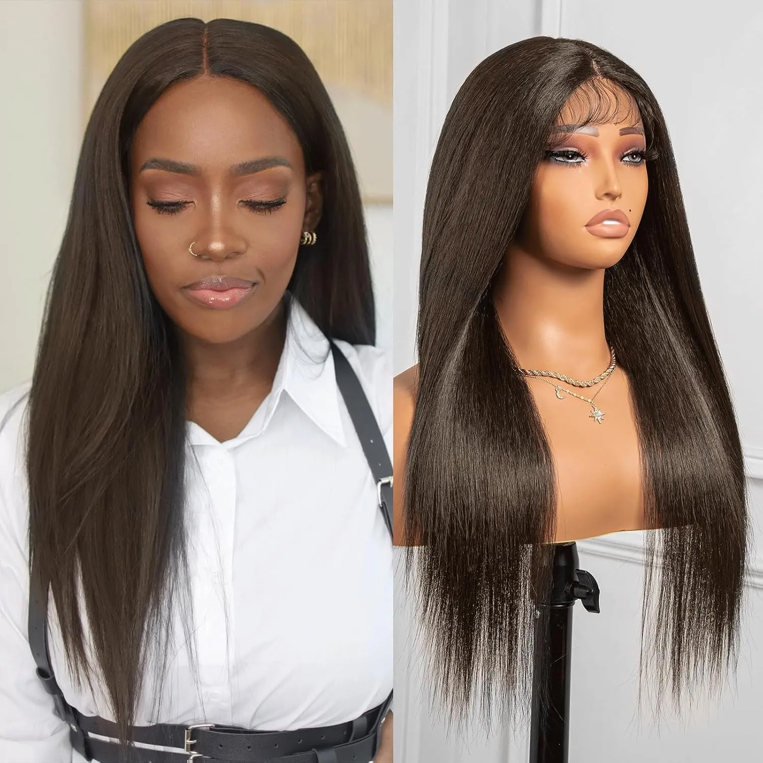 ToyoTress Medium Brown Synthetic Lace Front Wig - 20 Inch 13x4x1 Tangle-free Synthetic Lace Frontal Wigs Pre-Plucked Shoulder Length Straight Glueless HD Lace Wigs For Women (20 Inch, #4-Mid-Part)