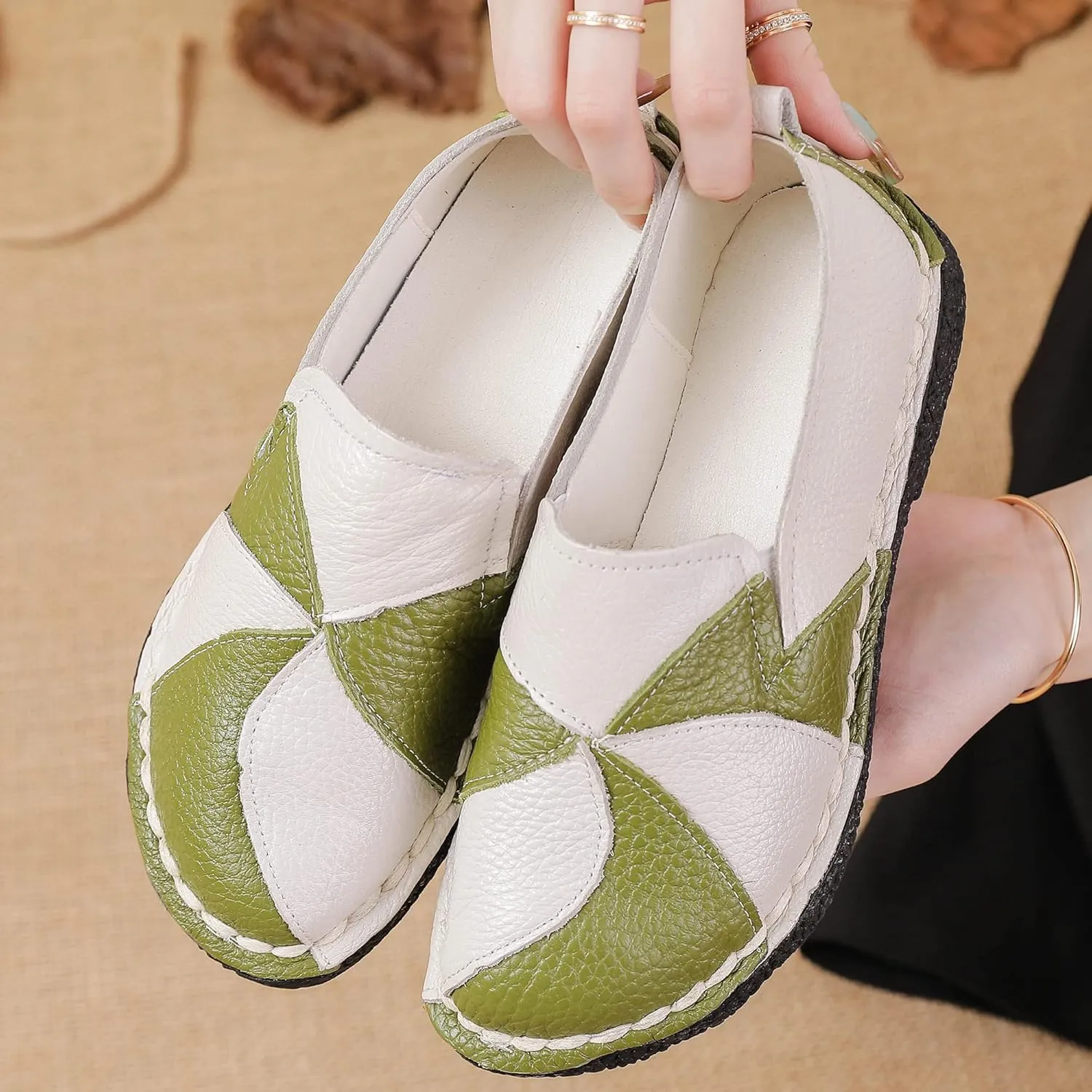 Trsorini Women Casual Loafers Shoes Comfortable Multi Color Stitching Leather Slip on Shoes for Lady Soft Sole Flat Driving Walking Dress
