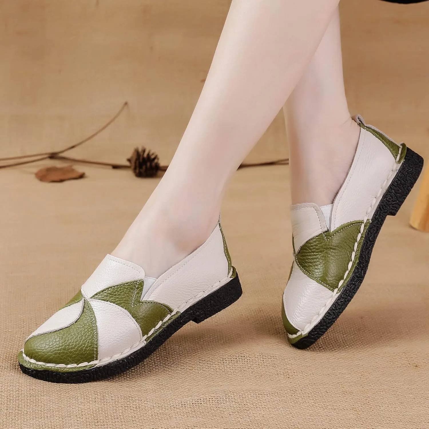 Trsorini Women Casual Loafers Shoes Comfortable Multi Color Stitching Leather Slip on Shoes for Lady Soft Sole Flat Driving Walking Dress