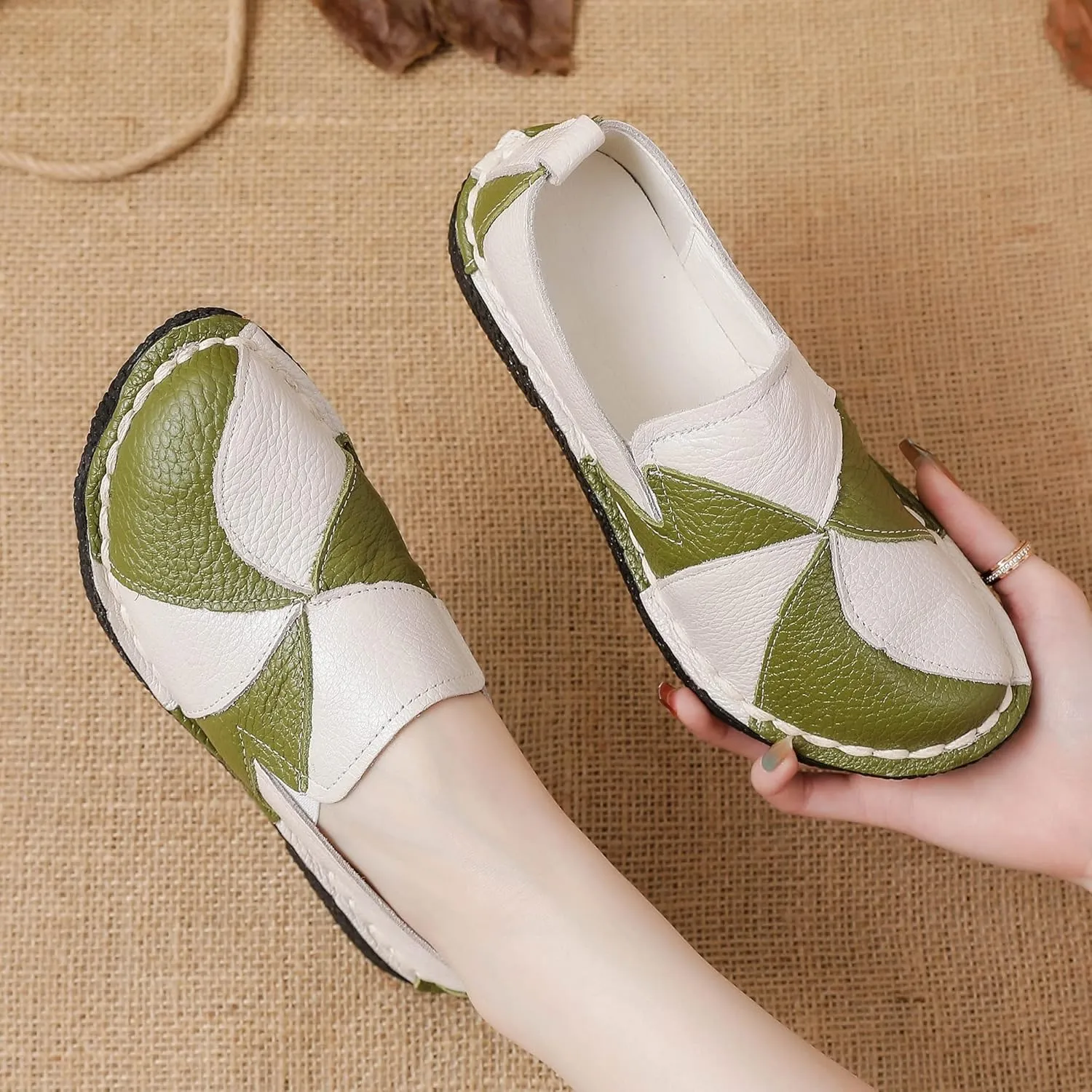 Trsorini Women Casual Loafers Shoes Comfortable Multi Color Stitching Leather Slip on Shoes for Lady Soft Sole Flat Driving Walking Dress
