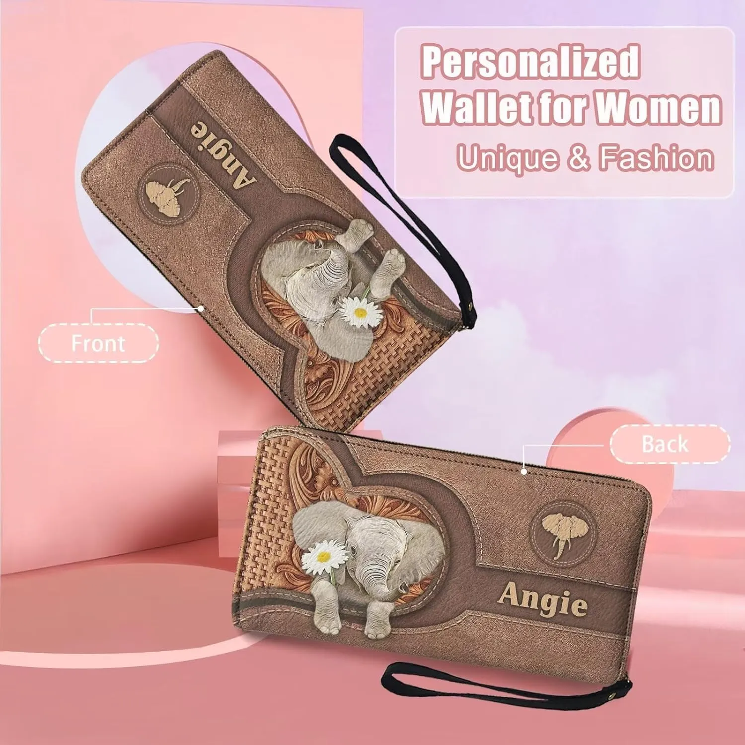 Tuoxiukan Personalized Name Wallets for Women Wristlet Wallets Zip Around Elephant Long Purse PU Leather Phone Case Waterproof Durable Clutch Pouch for Coin Cash Cards