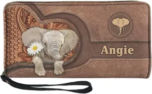 Tuoxiukan Personalized Name Wallets for Women Wristlet Wallets Zip Around Elephant Long Purse PU Leather Phone Case Waterproof Durable Clutch Pouch for Coin Cash Cards