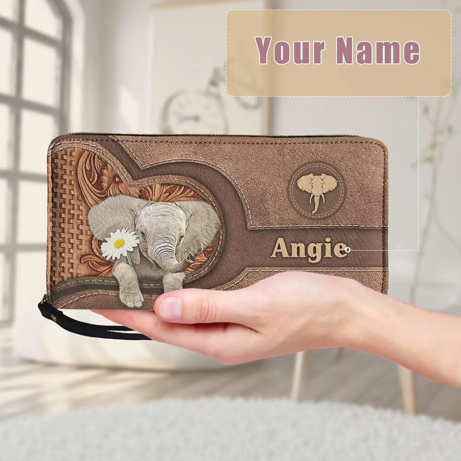 Tuoxiukan Personalized Name Wallets for Women Wristlet Wallets Zip Around Elephant Long Purse PU Leather Phone Case Waterproof Durable Clutch Pouch for Coin Cash Cards