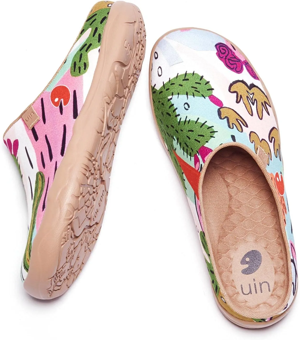 UIN Women's Slip On Mules Comfortable Flat Lightweight Wide Toe Clog Casual Art Painted Travel Shoes Malaga Series