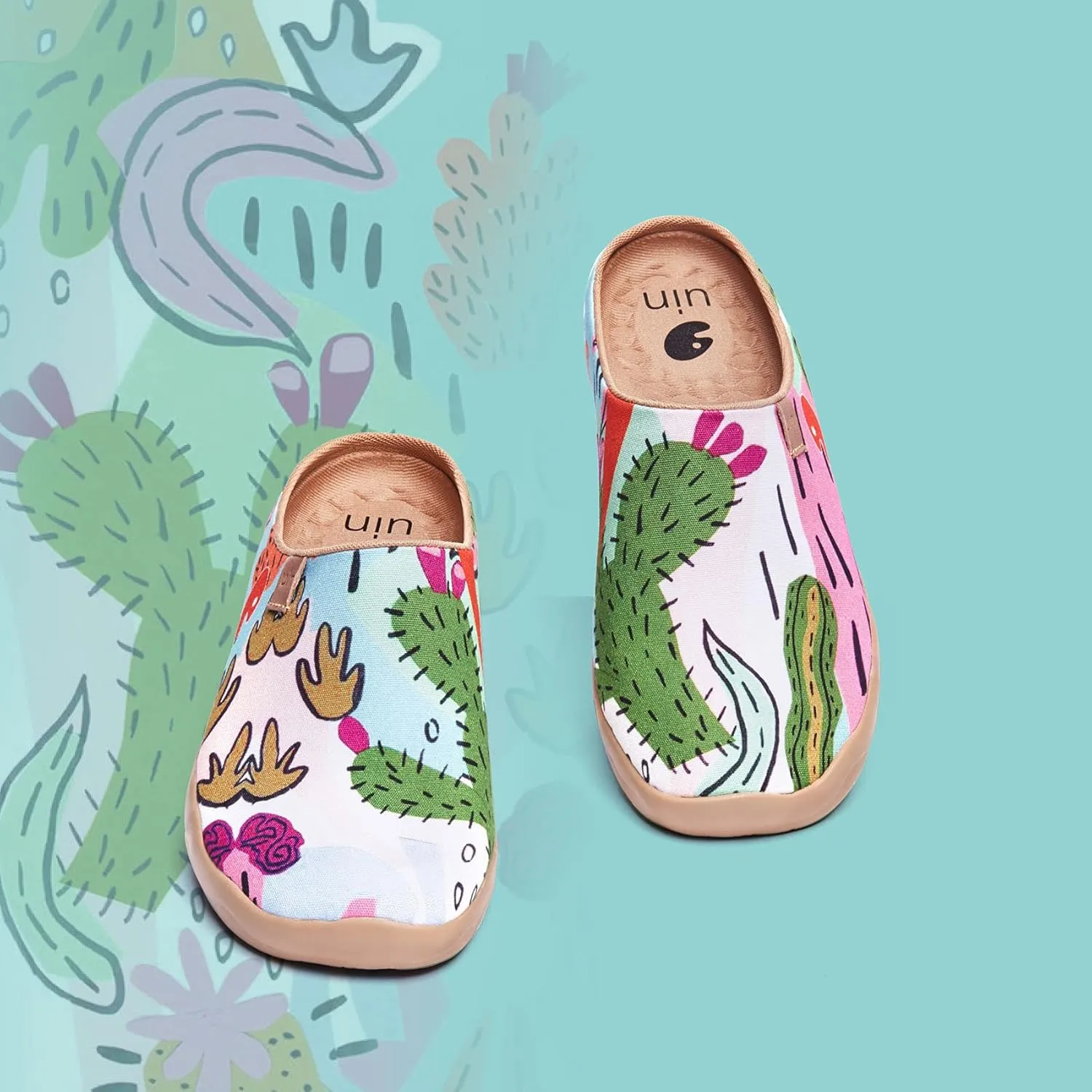 UIN Women's Slip On Mules Comfortable Flat Lightweight Wide Toe Clog Casual Art Painted Travel Shoes Malaga Series