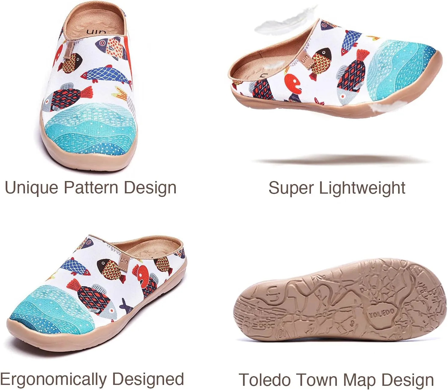UIN Women's Slip On Mules Comfortable Flat Lightweight Wide Toe Clog Casual Art Painted Travel Shoes Malaga Series