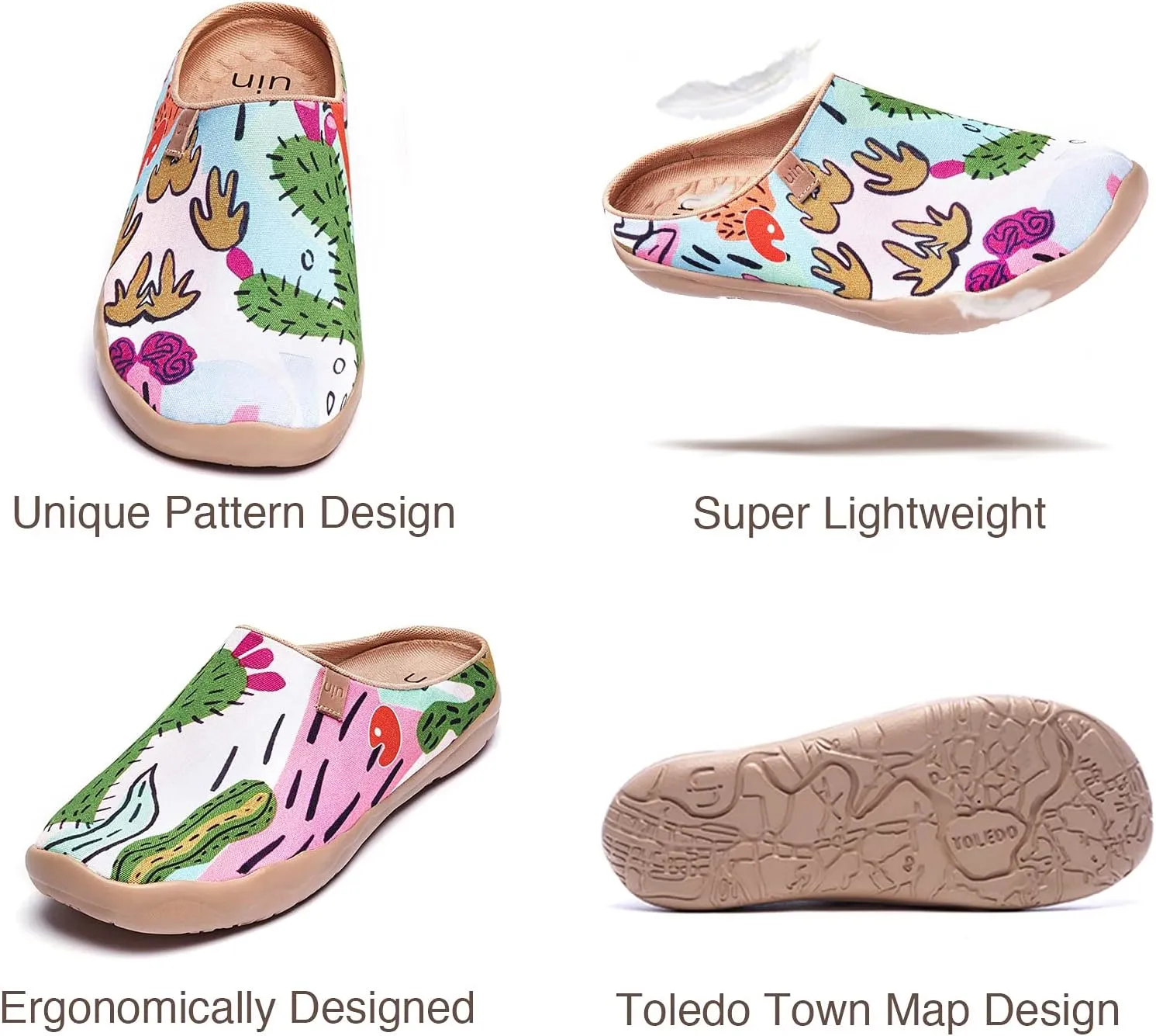 UIN Women's Slip On Mules Comfortable Flat Lightweight Wide Toe Clog Casual Art Painted Travel Shoes Malaga Series