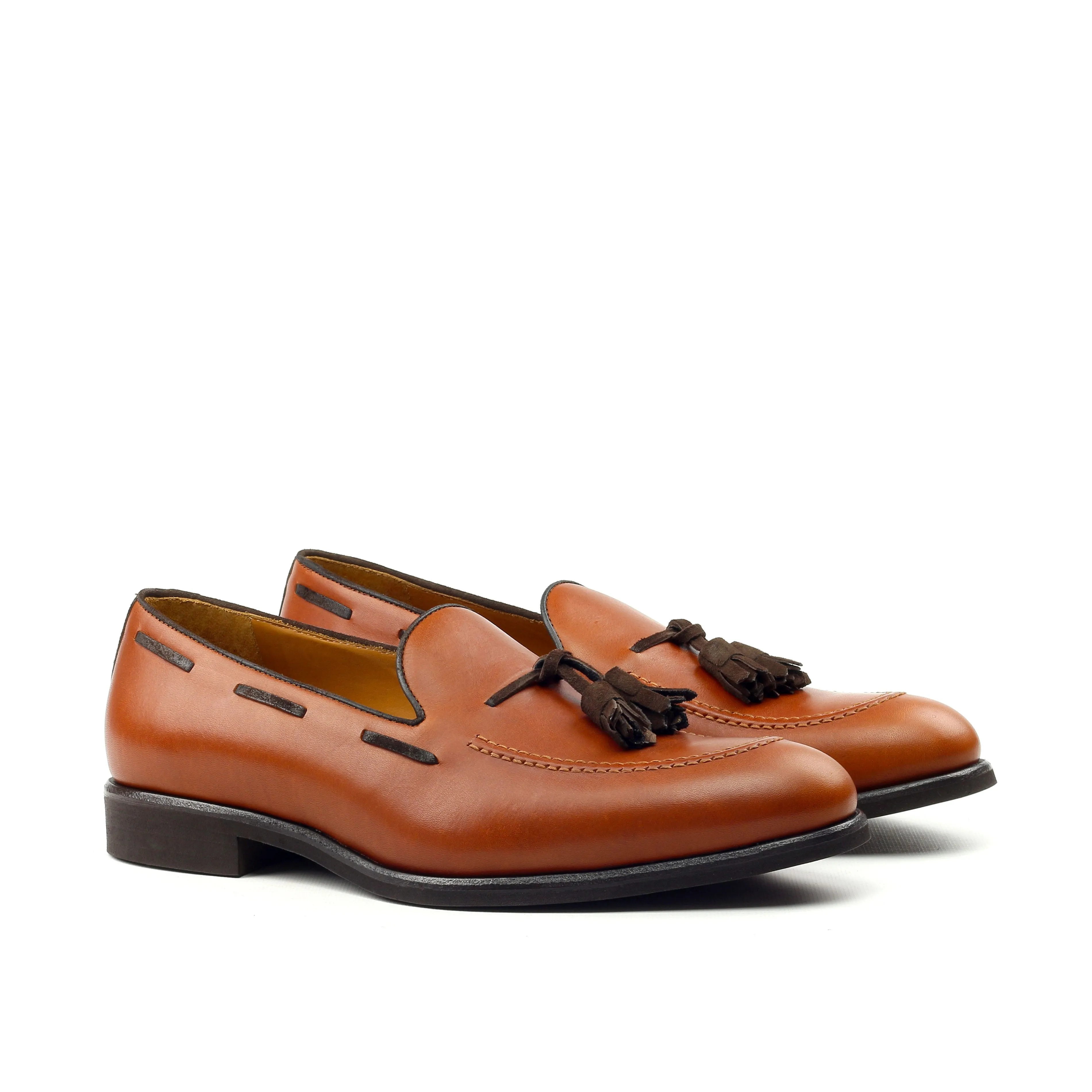 Unique Handcrafted Caramel Brown Leather Loafer W/ Dark Brown Tassels by Le Ruux