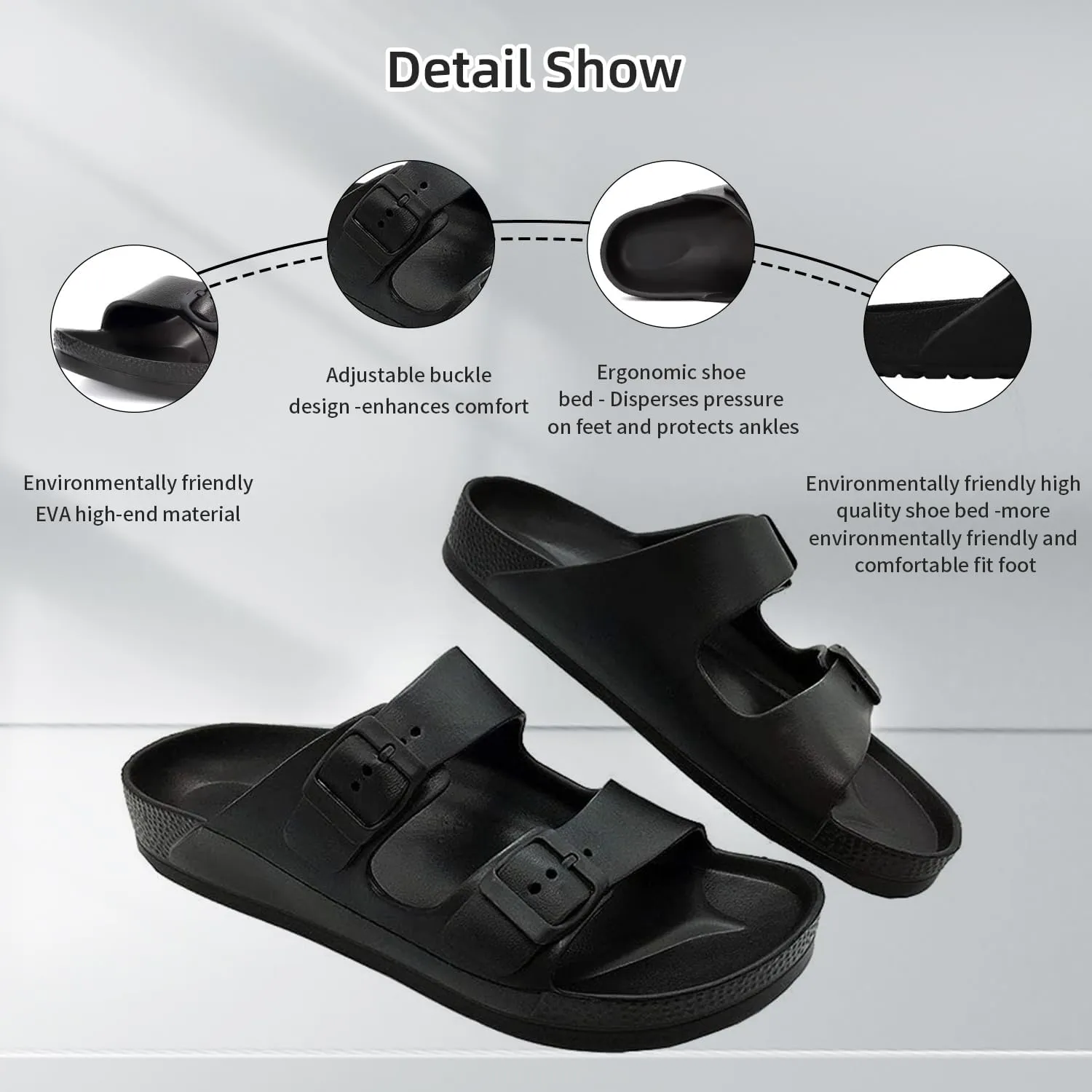 Unisex Men‘s and Women’s Lightweight Flat Sandals Waterproof Comfort Soft Slides Double Buckle Adjustable EVA Slip-on Flat Sandals