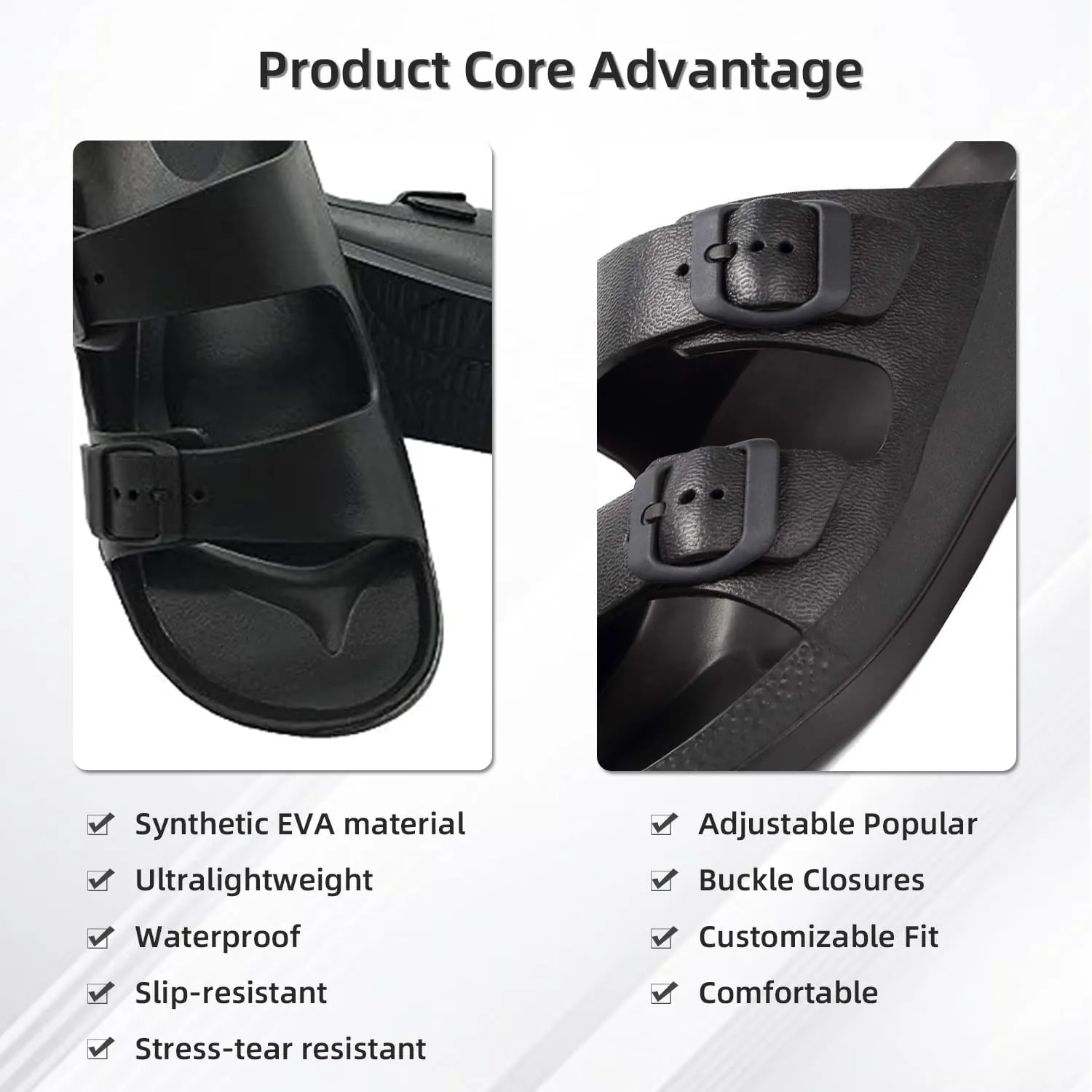 Unisex Men‘s and Women’s Lightweight Flat Sandals Waterproof Comfort Soft Slides Double Buckle Adjustable EVA Slip-on Flat Sandals